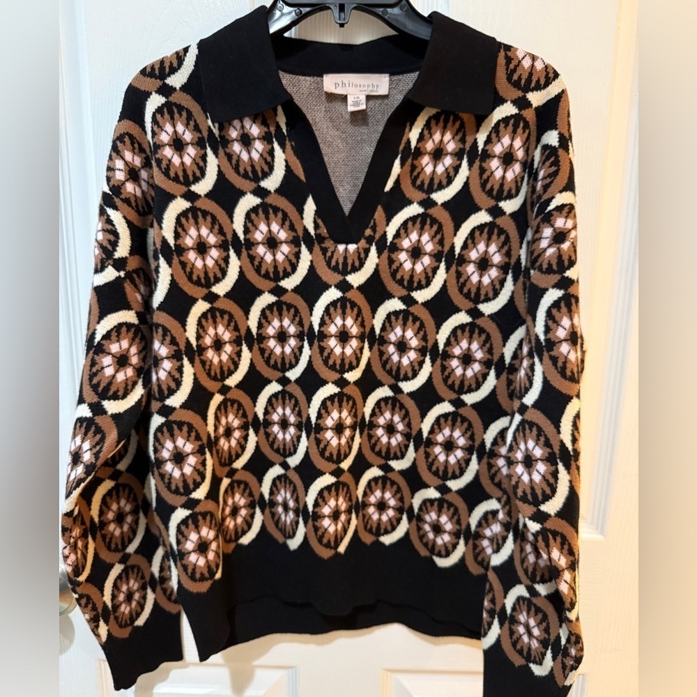 Philosophy Black Brown Pink V Neck Collared Sweater Academic Nordic Argyle